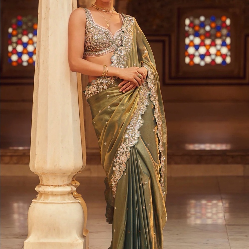 Green Embroidered Silk Saree - Lashkaraa